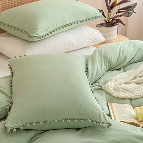 3 Pieces Sage Green Bedding Green Boho Duvet Cover Set Ball Fringe Design Soft Farmhouse Bedding Sets Queen 1 Lace Duvet Cover 2 Pillowcases (Queen,Green)