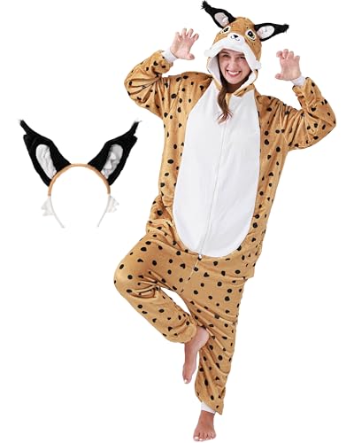 corimori Costume de lynx moelleux pour adulte avec serre-tête | Costume de carnaval Onesie pour femme et homme | Taille 160-170 cm