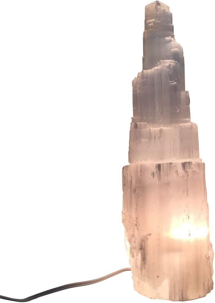 CuartoAstral Selenite Crystal Skyscraper Lamp⎪12"-14" Tall⎪White Cord Dimmable Rotary Switch LED Bulb Included⎪Amazing Space harmonizer⎪High Vibrations Healing Crystal Tower⎪Reiki Metaphysical Energy