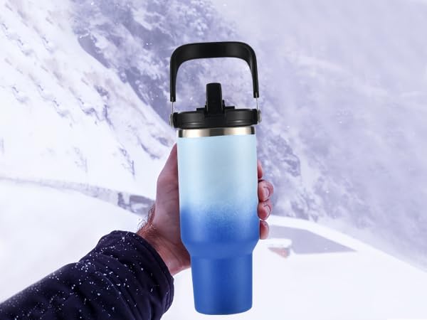 Miniatura 8 de Vaso de 24 onzas con asa, vaso de acero inoxidable aislado con popote y vaso de tapa 2 en 1, azul aguamarina