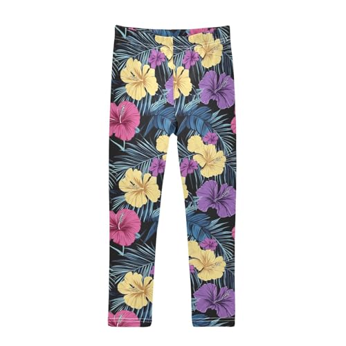 Colored Hibiscus Tropical Leaf Girls Casual Leggings for Kids Printed Long Pant Bottoms Stretch and Soft