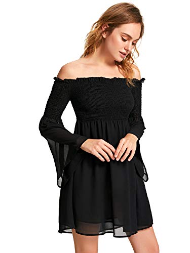 Romwe-Womens-Casual-Floral-Print-Off-Shoulder-Trumpet-Sleeve-Swing-Dress