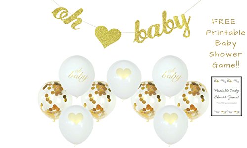 Baby Shower Decorations ALL INCLUSIVE SET Gender Neutral OH BABY Banner | BABY SHOWER GAMES | 9PC Balloons (Glitter Gold Confetti, White) ALL EVERYTHING SET Pregnancy Announcement Gender Reveal Party