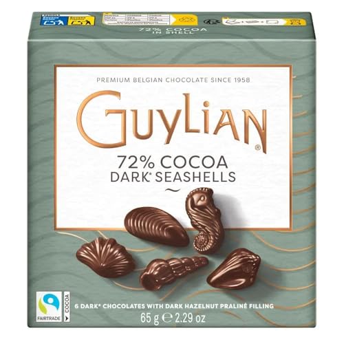 Image of Guylian Belgian Dark Chocolate Seashells, 6 Gourmet Hazelnut Praline Dark Chocolate (72%) Truffles by GuyLian, Dark Chocolate Candy Gift Box for Women and Men, 65g
