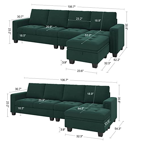 Belffin Velvet Reversible Sectional Sofa With Chasie Convertible Sectional Couch With Storage Ottoman L Shaped 4-Seat Sectional Sofa Couch Green #TOP1
