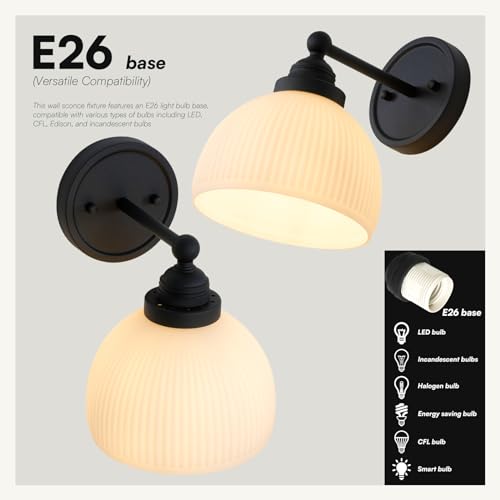 Image of Vintage Wall Sconce 1-Light with White Striped Glass Globe Shade, Indoor Wall Mounted Lamp Fixture for Living Room Bedroom Kitchen Hallway