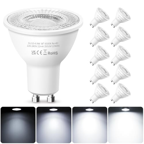 Ledivion GU10 LED Bulbs Cool White Dimmable, 4.9W LED Spotlight Bulb, 6500K 50W Halogen Equivalent, 220-240V 350 Lumen 38° Beam Angle, Pack of 10
