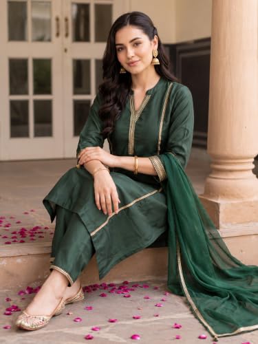 Image of INDO ERA Women's Liva Woven Design Zari Work A-Line Kurta & Pant with Dupatta Set | Kurta Set