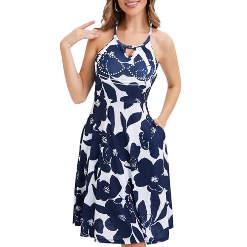 JOYSHAPER Built in Bra Summer Dress Casual Beach Sundress Flowy Halter Dress with Pockets Navy Flower