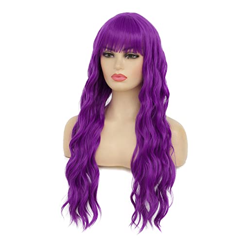 Baruisi Long Wavy Purple Wigs With Bangs Natural Synthetic Heat Resistant Daily Cosplay Hair Wig For Women #TOP5