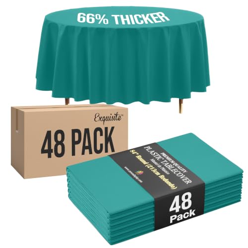 Image of Exquisite Teal Round Tablecloth 84 inch - 48 Pack | Plastic Tablecloth, Disposable Table Covers Round for Parties, Weddings, Holidays & Party Supplies