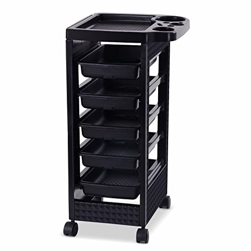 Paddie Black Salon Trolley Cart with Wheels/5 Drawers/Hair Dryer Holder/Tint Bowl Slot for Hair Stylist, Beauty Salon Equipment