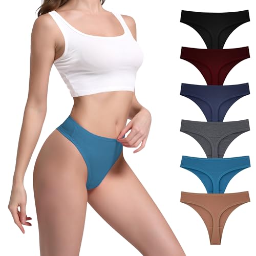 Image of High Waist Cotton Thongs Women Cotton Rib Thongs Panties 6pcs | Wironoat High Waist Cotton Thongs Women Cotton Rib Comfortable Soft Thongs Panties Pack 6