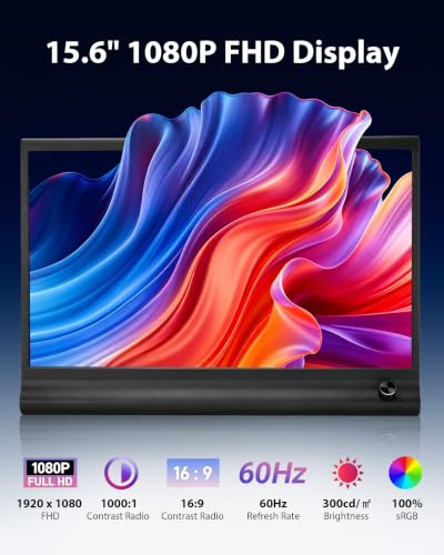 Image of Portable Monitor 15.6 inch for Laptop, 1080P FHD IPS Travel Screen Display | Adjustable Stand, 1.58lbs Ultra-Slim Lightweight,Plug & Play, Mini HDMI /USB Type-C, Windows /Mac /Android