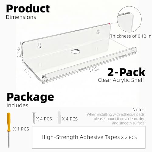 Image of Clear Acrylic Floating Shelves, No Drill Wall Shelves, 2 Pack | Clear Acrylic Design; 2 Pack Wall Shelves; Adhesive or Screw Mount; No Drill Option; 12 lb Max Load