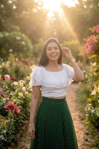 Image of Women's Lycra Top with Georgette Skirt | Polka Dot Print Long Flared Maxi | Full Length Flowy Skirt for Women | Stylish Casual Wear