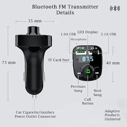 Wireless Car Kit Bluetooth Adapter FM Transmitter MP3 Player — Dual USB Charging Port, Call Button, LED Display, Micro SD Card — Music, Radio, Stereo, Calling, Smart Phone, Vehicle Accessory