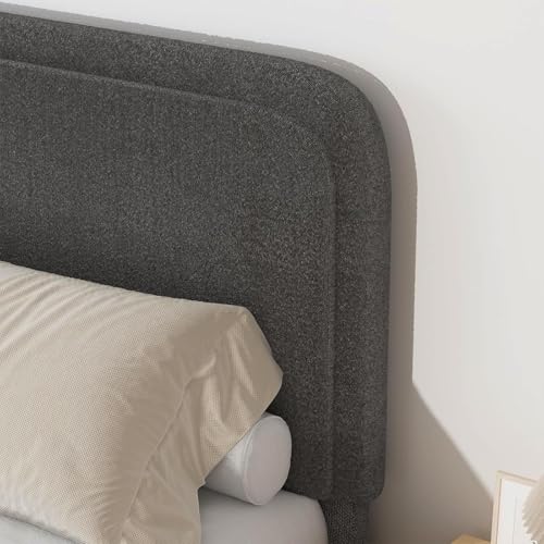 Image of BarnFurin Full Bed Frame, Cloud Boucle Headboard, Rounded Corners, Grey | Soft boucle and rounded edges create a low-profile cloud look. Wooden slats support the mattress without a box spring