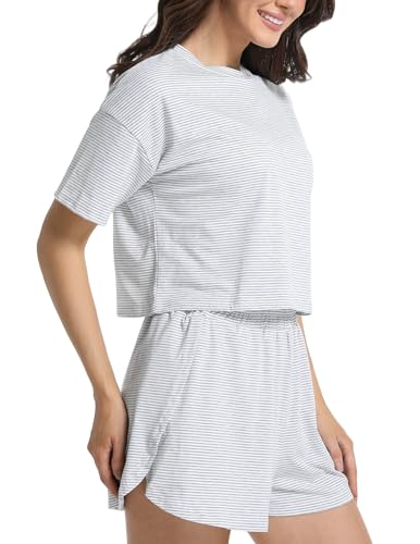 Image of Split Short Pajama Set Soft Women's Striped Pajama Sleeve Tee & Elastic Waist Shorts Lounge Sleepwear Gray