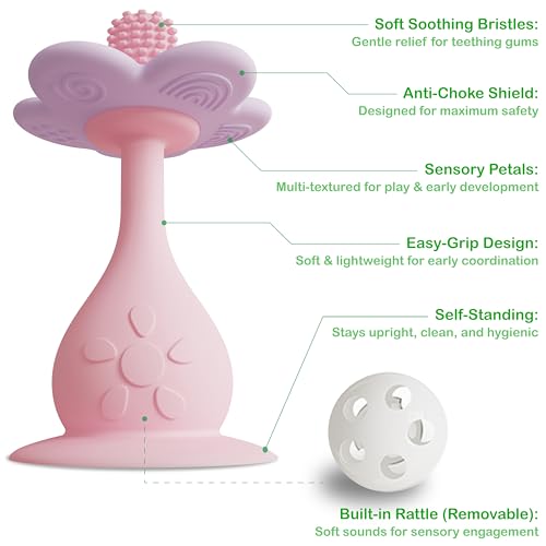 Image of Flower Teether Rattle, Silicone Baby Teething Toy 0-24M [Pink]