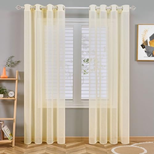Topfinel Voile Vorhänge Leinenstruktur mit Ösen Lichtdurchlässig Einfarbig für Fenster Wohnzimmer Schlafzimmer Moderne und Elegante Gardine 2er Set je 220x140cm (HxB) Hellgelb