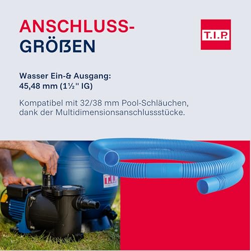 T.I.P. Poolpumpe mit Timer - Selbstansaugende Filterpumpe 10.000 l/h für 30 m³ Pools, 9 m Förderhöhe, Energieeffizient 400 W Leistung, Vorfilter integriert