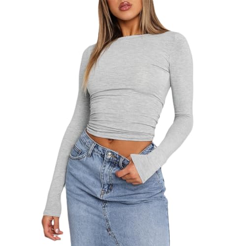 Damen Basic Langarmshirt Eng Elastisch Slim Fit Y2K Top Langarm Shirt...