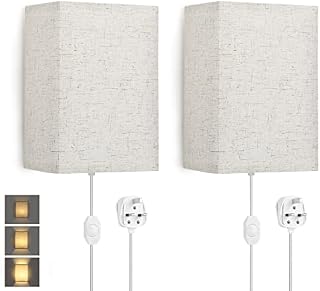 Lightess Wall Lights Dimmable, Plug in Wall Lamp with Switch Wall Sconce with Beige Fabric Square Shade E27 Modern Wall Wash Light for Bedside Bedroom Living Room Hotel Hallway Reading (Set of 2)
