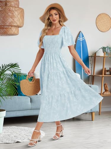 Image of Women's Summer Dresses 2025 Casual Maxi Dresses Boho Floral Short Sleeves Square Neck Beach Vacation with Pockets