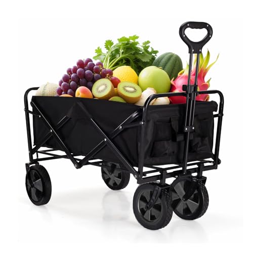 Wemart Garden Cart Folding Carriage Outdoor Utility Carriage Garden Shopping Cart Beach Carriage with All Terrain Wheels Max Support 80kg Portable Transport Trailer 600D Oxford (black-1)