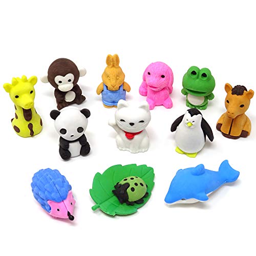 HONBAY 12PCS 3D Zoo Animal Pencil Erasers for Home Office and School (Color Random)