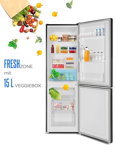 Heinrich´s Kühlgefrierkombination mit 157 L Gesamtvolumen, 109 L Kühlvolumen 48 L Gefriervolumen, LED Beleuchtung, Türanschlag wechselbar, verstellbare Füße, leise 39 dB, große Tiefkühlboxen, schwarz