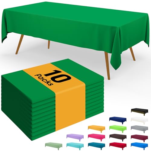 Image of Smiry Disposable Table Cloth - 10 Pack, 54 x 108 Inch Waterproof Rectangle Tablecloths for Parties, Decorative Plastic Table Cover, Leakproof & Sturdy, Green