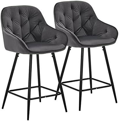 CLIPOP Bar Stools Set of 2 Velvet Thick Padded Breakfast Kitchen Bar Chairs with Armrest and Footrest , High Back Breakfast Bar Stools for Home Kitchen Island Counter (Black)