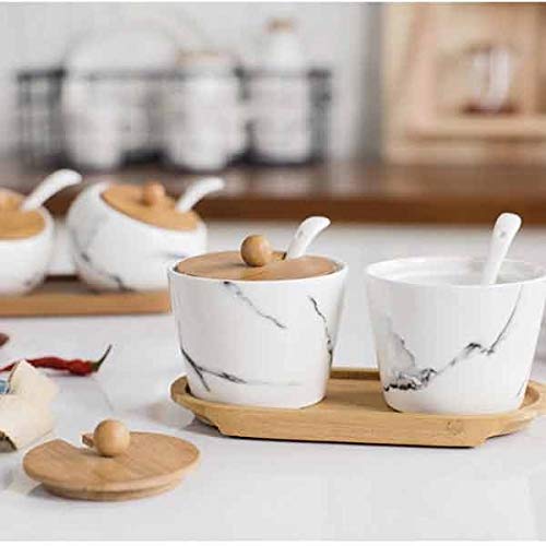 Pots à épices en verre, Pots à épices avec étiquette Ensemble de pots d'assaisonnement en céramique marbrée créative japonaise, boîte d'assaisonnement de cuisine, plateau en bois, couvercle en bois, h