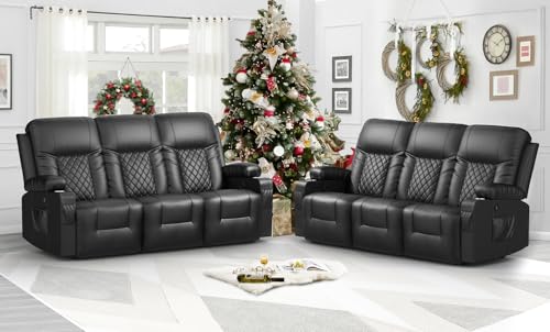 FURNIMAT Oversized Recliner Sofa Set with 3+3 Pieces in Living Room, PU Leather Loveseat Couch, Modern Recliner Chair for Living Room, with Cup Holder and 2 Cell Phone Holder, USB Ports, Black