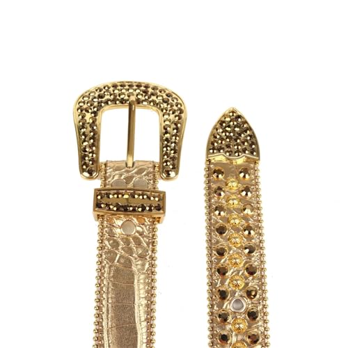 Mnjyihy Men's Women's Golden Western Rhinestone Belt Diamond Studded Decorative Jeans Leather Belt 7