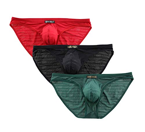 BRAVE PERSON Sexy Breathable Gauze Fabric Printing Briefs Men's Bikini Underwear B1124 (L, Red/Black/Green)