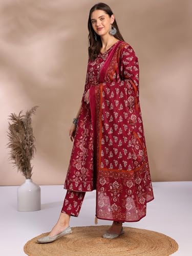 Image of Pure Cotton Anarkali Kurta Set for Women with Dupatta | 3 Piece Cotton Anarkali Suit | Floral Aari Work | Flared Ethnic Wear