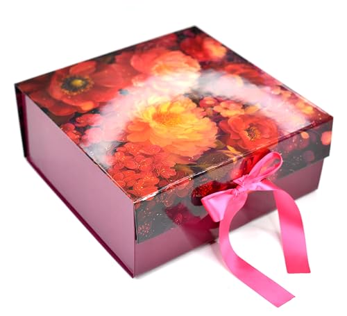 Image of RBS - Foldable Gift Box with Ribbon 26x26x10cm Gift Boxes for Packaging (1 Pack) Multi-Purpose Gift Boxes for Presents Reuse Gift Packing Box Decorative Hamper Box (M-Glossy Secret Garden)