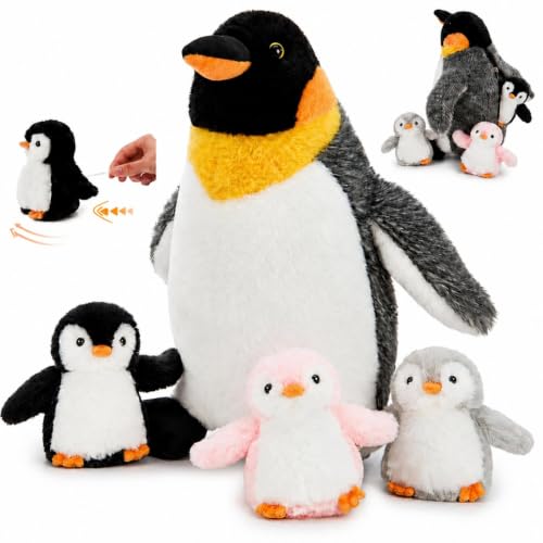 Image of Penguin Plush with 3 Babies, 14 Inch Wind Up Stuffed Animal Set