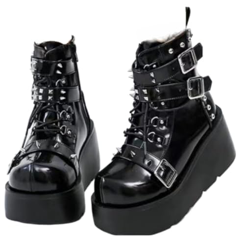 Cute Emo Shoes Goth Black with Metal Charms Chunky Platform Comfy Non Slip Lightweight Softy Casual Plus Size Boots Punk Kawaii Pretty Retro Trendy Gifts for Women & Girls Spring Streetwear Rave