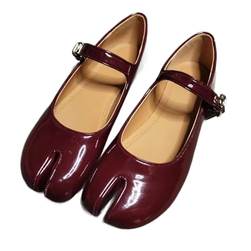 ZQW Tabi Shoes Mary Jane Ballet Flats for Women Split-Toe Patent Leather Adjustable Buckle Strap Retro Minimalist Lightweight Dressy Casual Party Wear