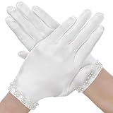 LXUEJIE 1 Pair White Gloves Women, Short Satin Gloves for Women, Silk Opera Wedding Bridal Glove Tea Party Banquet Costume for Women's Wedding & Tea Party Pearl Banquet Dress for 1920s Fashion