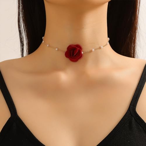Flower Choker Necklaces for Women Rose Necklace for Women with Pearl Dainty Red Rose Choker Necklace Flower Jewelry Party Prom3