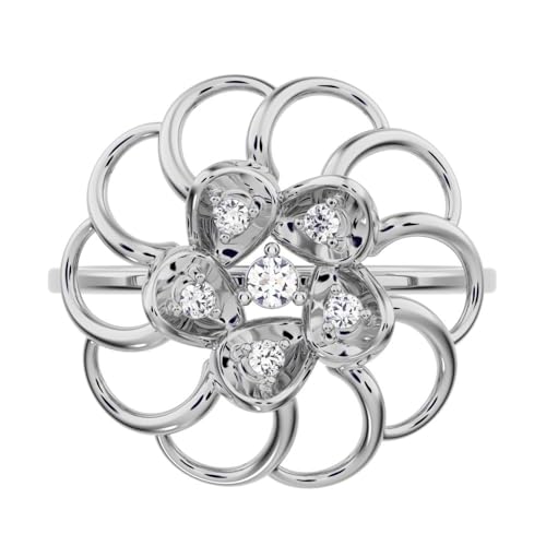 0.075 Ct Round Cut Diamond Dainty Minimalist Floral Halo Cocktail Star Light Solid 14K White Gold Everyday Ring