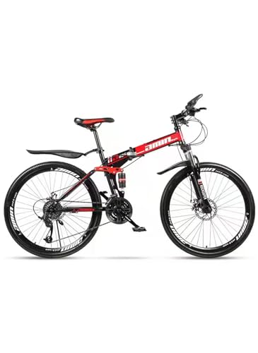 26 Inch Folding Mountain Bike 21 Speed Full Suspension Bicycle with Shock Absorber High-Carbon Steel Frame Foldable Bike for Adults (red)