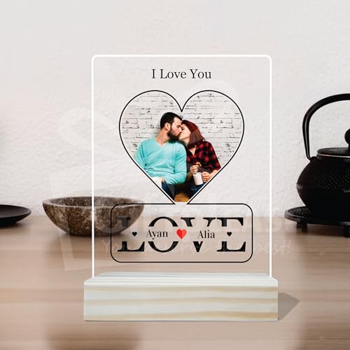Image of Giftplease Customized Photo And Text Frame With Wooden Stand | Personalised Printed Photo Frame | Gift | Birthday | Anniversary (Transparent, 5MM, 6 * 8 Inches), Tabletop
