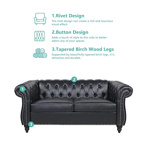 Image of QHITTY Accent Sofa, Chesterfield Loveseat Modern Leather Couch Upholstered Sofa with Tufted Back for Living Room Furniture (Black)