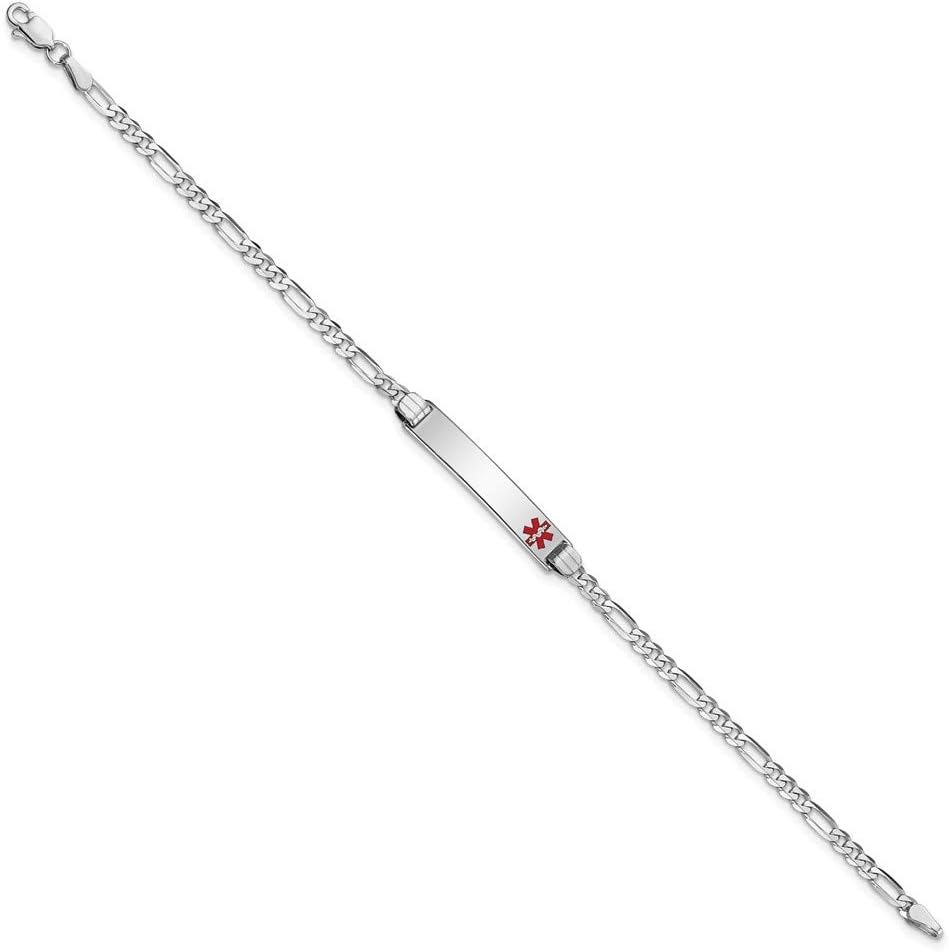Engravable Personalized Custom 14K White Gold Medical Red Enamel Figaro Link ID Bracelet For Men or Women Length 7 inches Width 5.5 mm With Lobster Claw Clasp